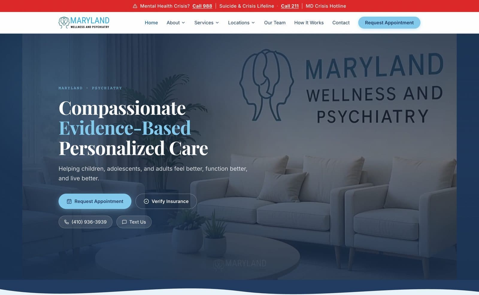The Maryland Wellness & Psychiatry homepage, built and managed by MedReception AI